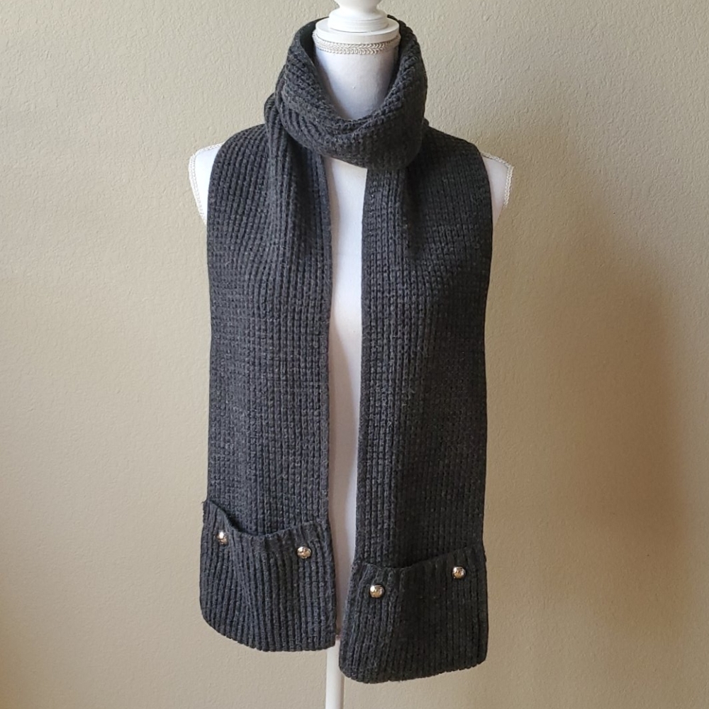MK Wool blend gray knit long scarf silver button